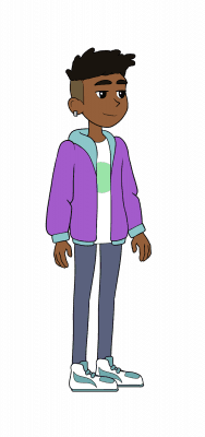 drawing of boy wearing gray pants and purple jacket